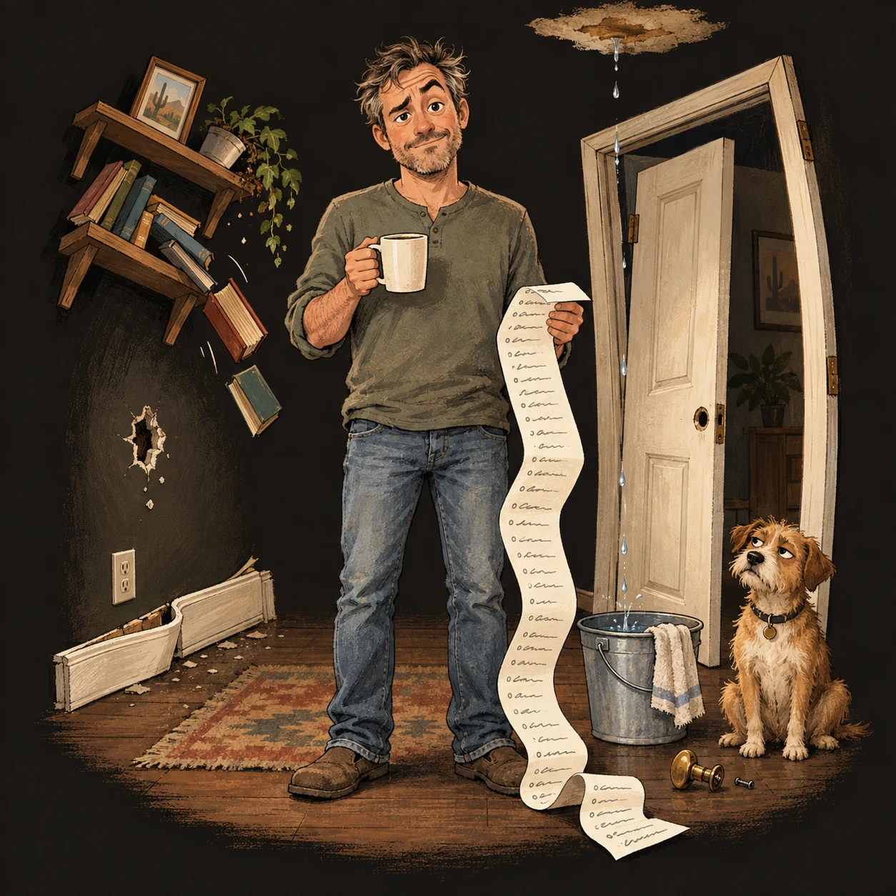 Illustration of a homeowner calmly holding coffee and a long repair list while a shelf tips, a ceiling drips, and his dog looks unimpressed.